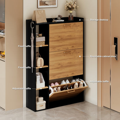 Schoenenkast – Schoenenopberger – Schoenenrek – Halmeubel – Schoenentoren – Smal Design – 3 Deuren – Hardhouten Constructie – Zwarte Afwerking – Bovenblad Display – Ruimtebesparend