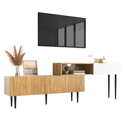 Tv Meubel – Tv Kast – Televisiemeubel – Tv Dressoir – Tv Stand – Modulaire 2-delige Set – Wit Mat Met Houtlook – Zwarte Metalen Poot – Verstelbare Lengte – Modern Design