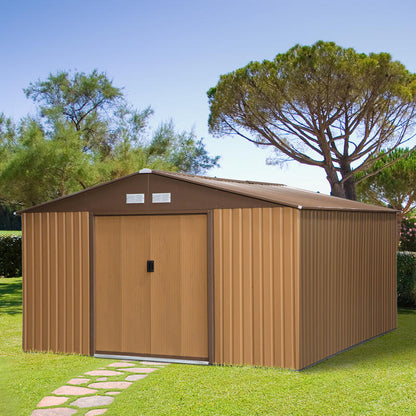 Steel Tool Shed 20m³ Garden Storage Shed Bike Shed Brown 340 x 386 x 200cm, Temporary and Removable, Backyard Organization, Outdoor Storage, Compact Design, Durable Shelter, Rustproof Housing, Metal Shed, Storage Solution, O