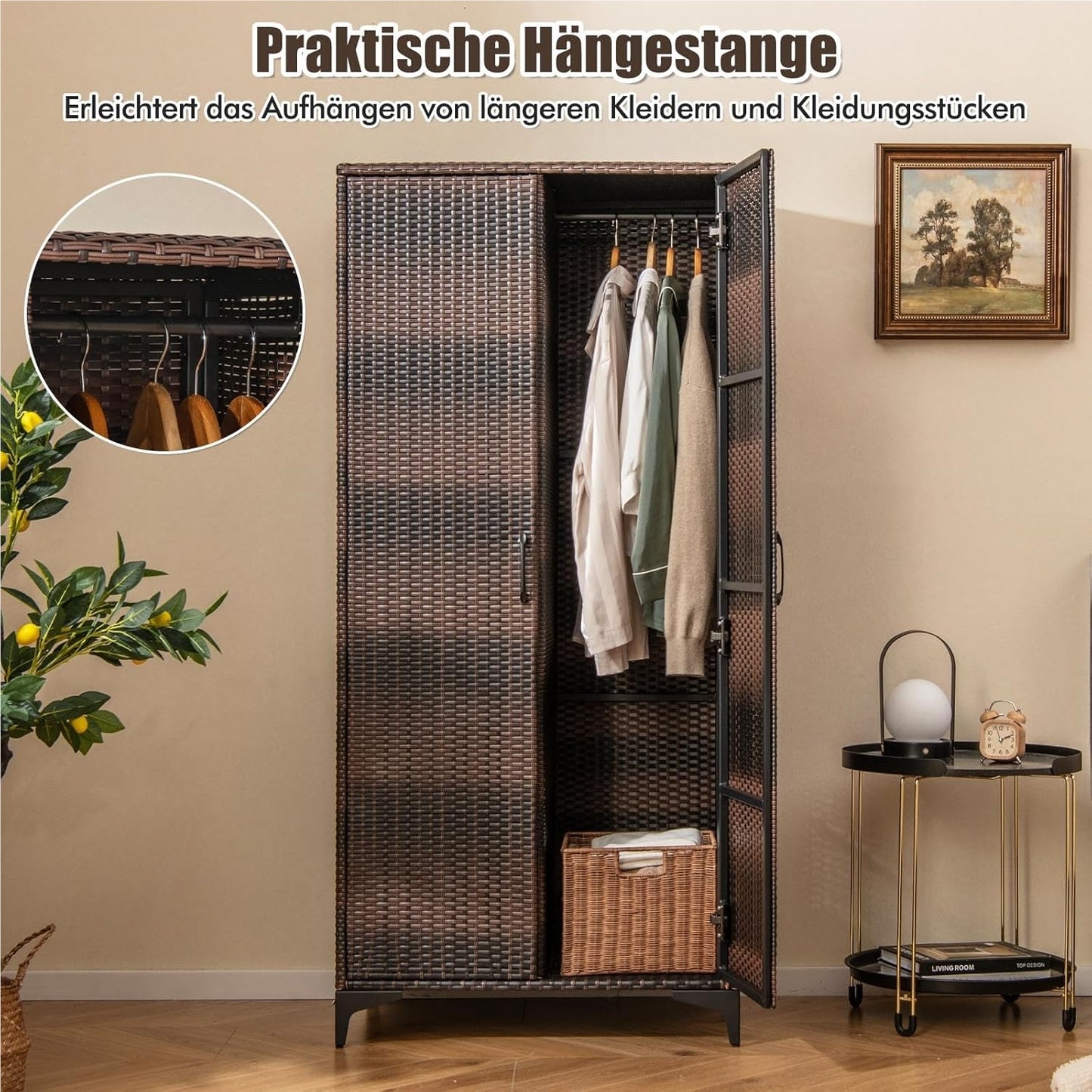 Tuinkast – Opbergkast – Tuinkist – Buitenkast – Bergkast – Rattan Tuinkast – Weerbestendig – Met Kledingroede 72x50x157 cm Bruin