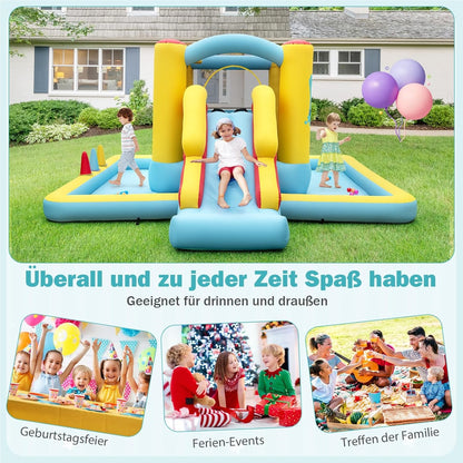 Springkussen – Springkasteel – Luchtkussen – Speeltoestel – Jump-O-Lene – Met Glijbaan & Tunnel – Inclusief Basketbalring & Ringwerpspel – Groot 394x389x194 cm – Duurzaam Oxford Polyester