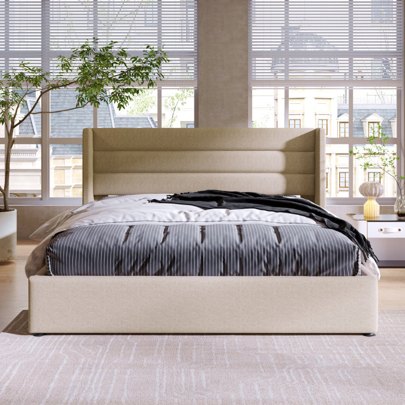 140x200cm Upholstered Hydraulic Storage Bed with Slatted Frame - Modern Retro Double Bed with Metal Frame & Beige Linen Fabric, Space-Saving Design, 181.44KG Weight Capacity, Easy-Clean Surface, No Box Spring Needed, Assembly