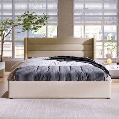 140x200cm Upholstered Hydraulic Storage Bed with Slatted Frame - Modern Retro Double Bed with Metal Frame & Beige Linen Fabric, Space-Saving Design, 181.44KG Weight Capacity, Easy-Clean Surface, No Box Spring Needed, Assembly