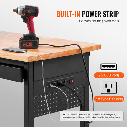 Werkbank – Werktafel – Werkbank Op Wielen – Werkplekken – Klusbank – Verstelbare Hoogte 78-106 cm – Ingebouwd Stopcontact & Lade