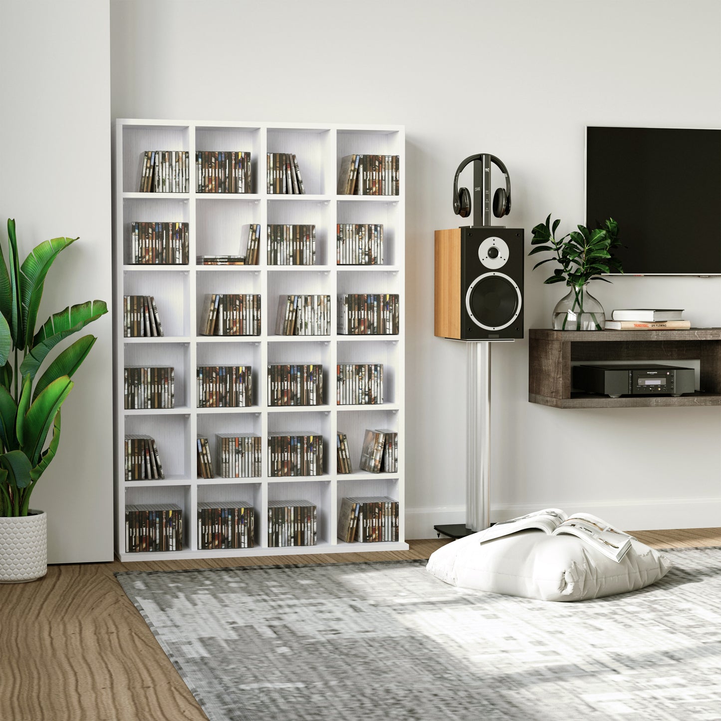 Multimedia Opbergkast – Cd-Kast – Dvd-Kast – Boekenkast – Mediamuur – Verstelbare Planken – Wit Hout – 89 x 130,5 cm