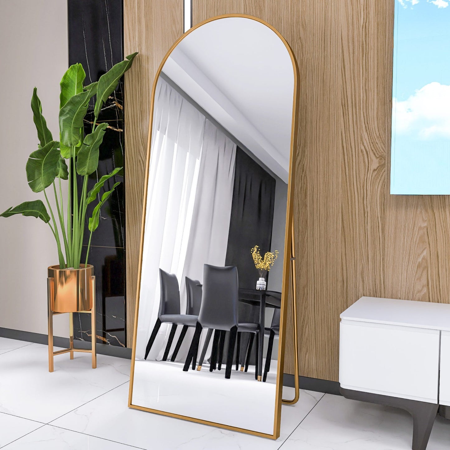Boogvormige Full-Body Spiegel – Staande Spiegel – Wandspiegel – Grote Spiegel – Kamer Spiegel – 180x80 cm – Veilig Schokbestendig Glas – Aluminium Frame Goud