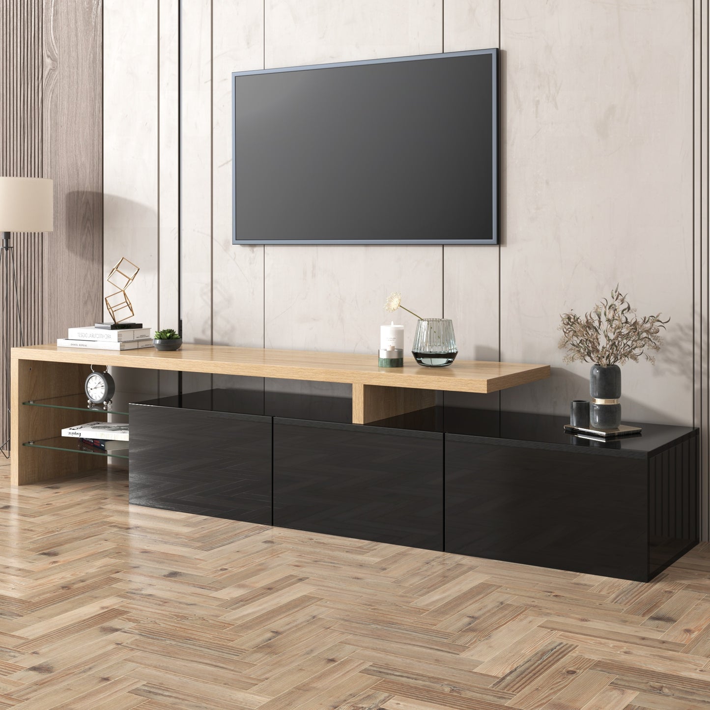 TV-meubel – TV-kast – Entertainmentmeubel – Woonkamermeubel – TV-standaard – Hoogglans zwart – MDF houtlook – Glazen legplanken – Ruime opbergruimte – Eenvoudig te monteren