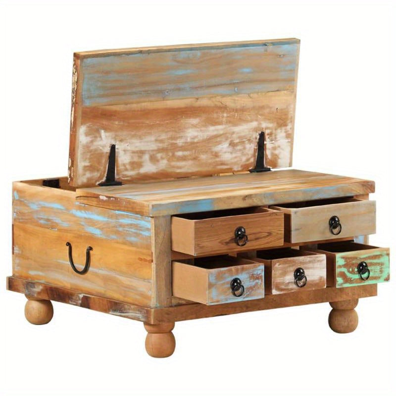 Salontafel – Koffietafel – Bijzettafel – Woonkamertafel – Tafel – Mid-Century Modern – Turquoise Blauw & Natuurlijk Hout – Compact 70x70x38 cm – Solide Houtconstructie met 4 Poten en Lades
