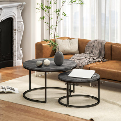 Bijzettafel – Salontafel – Sidetable – Nachtkastje – Banktafel – Set van 2 Ronde Tafels – Marmerlook MDF Blad – Zwart Metalen Frame