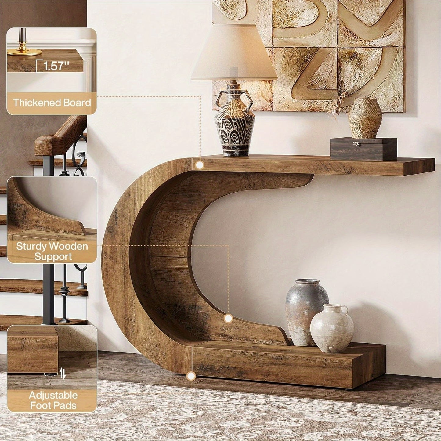 C-vormige haltafel – console tafel – sidetable – bijzettafel – entree tafel – Ruimtebesparend smal ontwerp – Massief hout en MDF stevig materiaal
