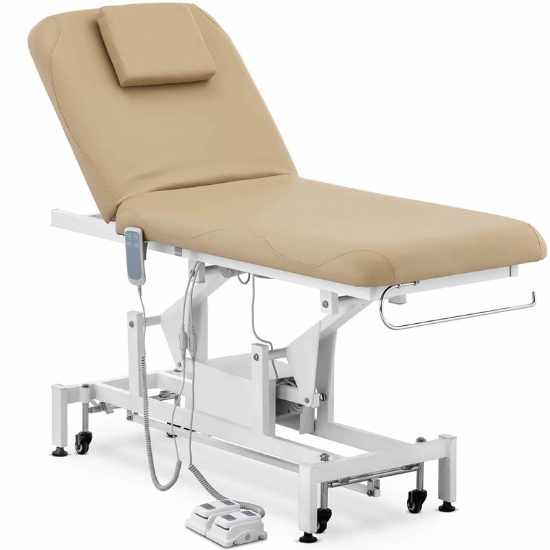 Massagetafel – Behandelbank – Massagebed – Behandeltafel – Massagebank – Elektrisch Verstelbaar – 2 Motoren – Max. Draagvermogen 150 kg – Donkerbeige Eco-Leder