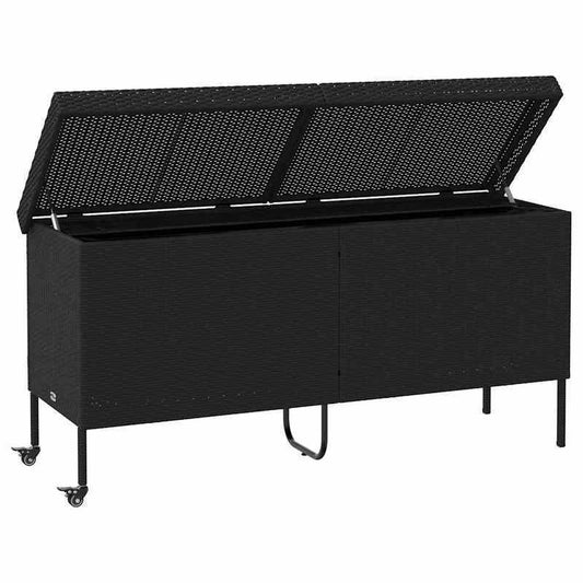 Opbergbox Tuin – Tuinkist – Kussenbox – Tuinopslag – Berging – Met Wielen – 160x55x75 cm – Zwart Poly Rattan – Weerbestendig – Duurzaam