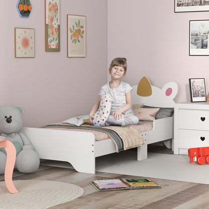 Kinderbed – Peuterbed – Jongensbed – Meisjesbed – Eenhoornbed – Laag Instapbed – MDF Constructie – 143x74x67 cm – Inclusief Lattenbodem – Veilig Zijhekje – Wit Met Eenhoornprint