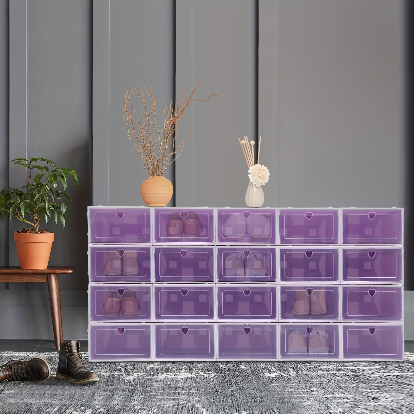 Schoenenbox – Schoenendoos – Opbergdoos – Schoenopberger – Plastic Opbergcontainer – Set van 20 – Stapelbaar – Transparant Deksel – Duurzaam PP Materiaal – Paars – Ruimtebesparend – 33x23x14 cm