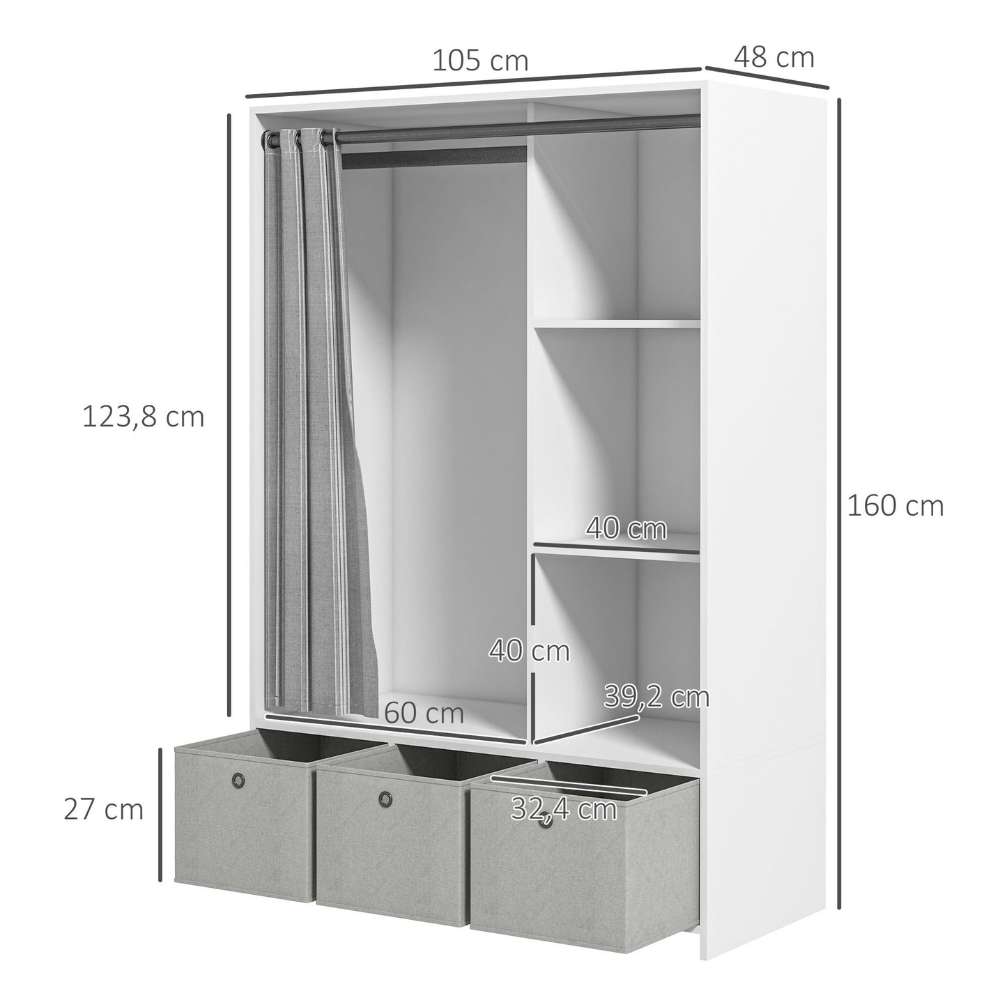 Kledingkast – Garderobekast – Opbergkast – Kleerkast – Kast Met Gordijn – Ruime Hangplek 117,5 cm – 3 Uitneembare Stoffen Lades – Wit – 105x48x160 cm