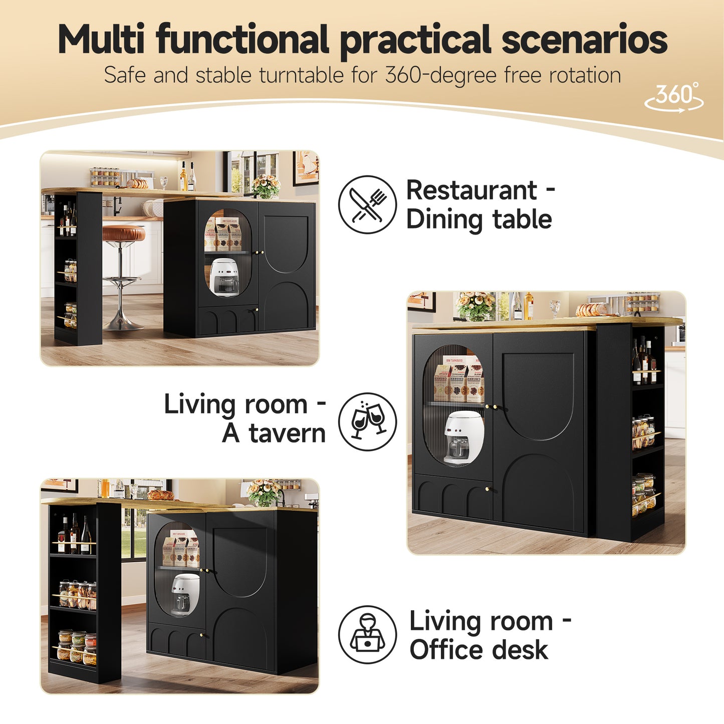 Barkast – Wijnrek – Drankkast – Bartafel – Keukentrolley – 360° Draaibaar – MDF Metalen Frame – 138x39x105 cm – 3 Deuren Met Uitneembare Scheidingswanden