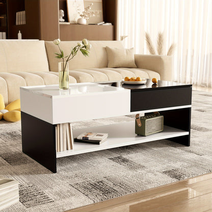 Salontafel – Koffietafel – Bijzettafel – Woonkamertafel – Tafel – Zwart Wit Design – 2 Laden Opbergruimte – Hoogglans 100 cm