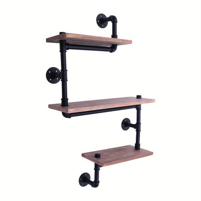 3-laags Wandrek – Muurrek – Plank – Wandplank – Opbergrek – Zwart Bruin Dennehout en Staal – Stevige Constructie en Ruime Opbergruimte