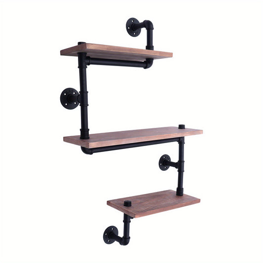 3-laags Wandrek – Muurrek – Plank – Wandplank – Opbergrek – Zwart Bruin Dennehout en Staal – Stevige Constructie en Ruime Opbergruimte