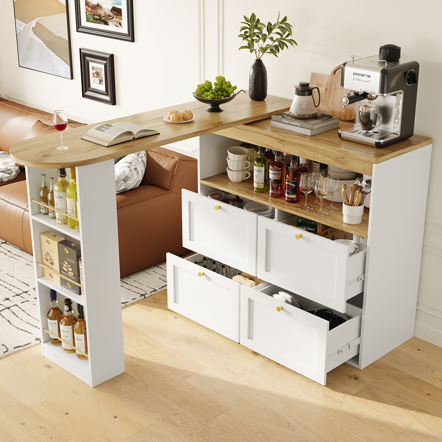 Barkast – Drankkast – Wijnkast – Buffetkast – Barkast Op Wieltjes – 360° Draaibaar – 4 Lades + Open Planken – Wit – 105x39x102 cm