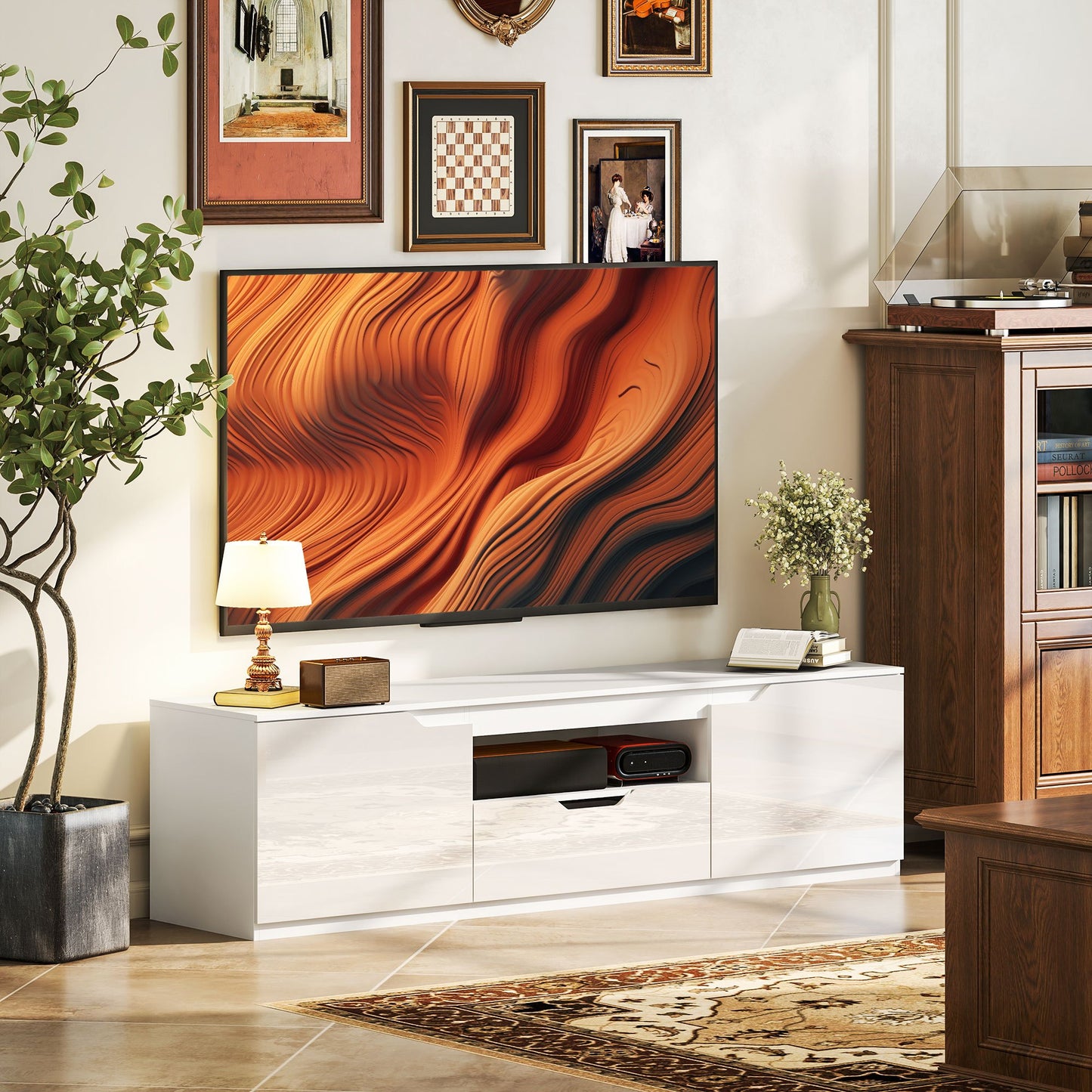 Tv Meubel – Tv Kast – Tv Lowboard – Tv Dressoir – Hoogglans Wit – Geschikt Voor Tv Tot 65 Inch – 3 Compartimenten Met Lade – 160x38x43 cm