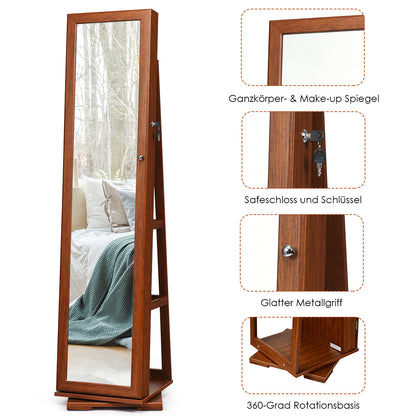 Sieradenkast – Juwelenkast – Spiegelkast – Sieradenopberger – Make-upspiegel – Vrijstaand – Draaibaar – Slot Met Sleutels – MDF Bruin 161 cm Hoog