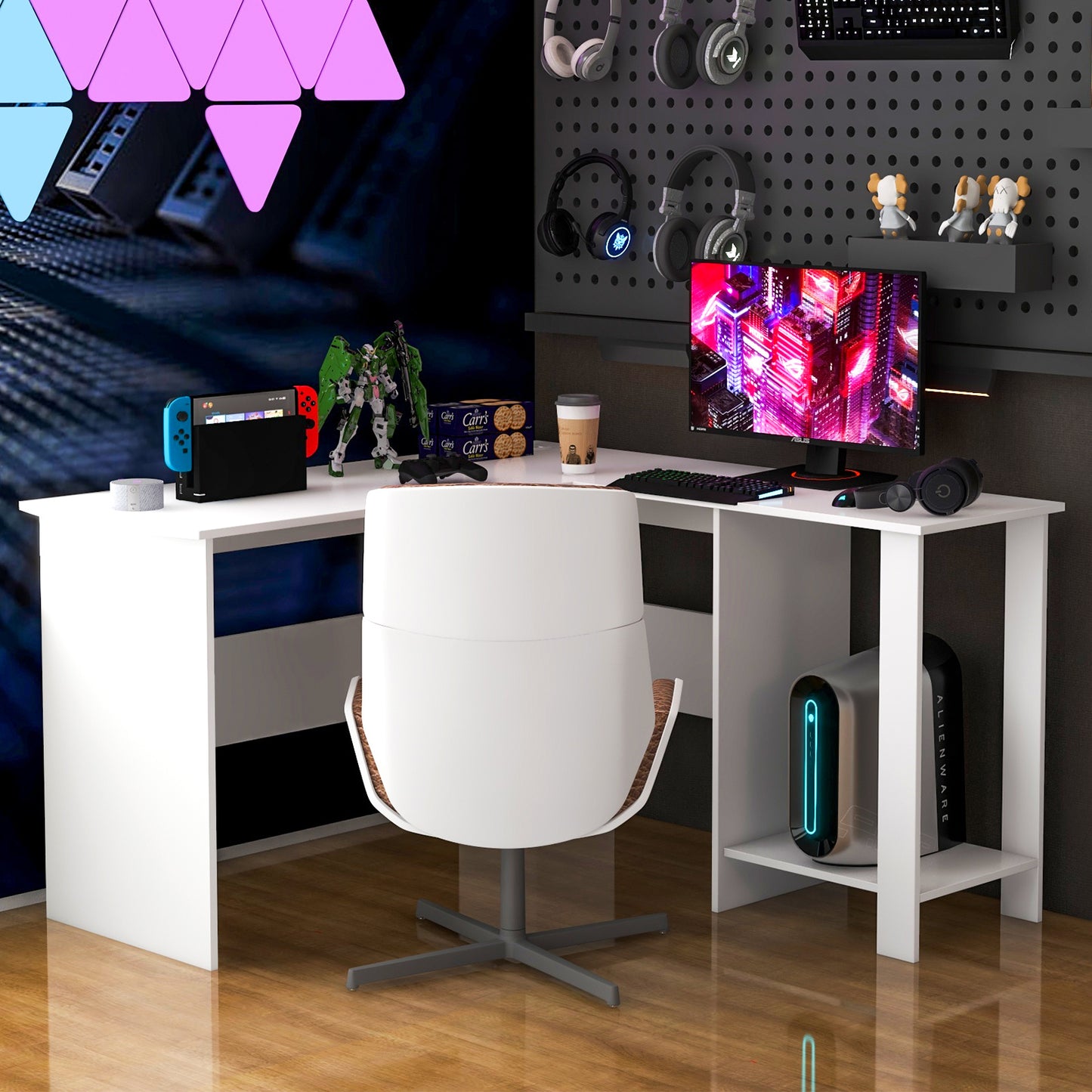 Bureau – Bureautafel – Computerbureau – Werkplek – Bureaublad – L-Vormig – Extra Breed – Kabelmanagement – Stevig Houtcomposiet – 130x130 cm – Wit