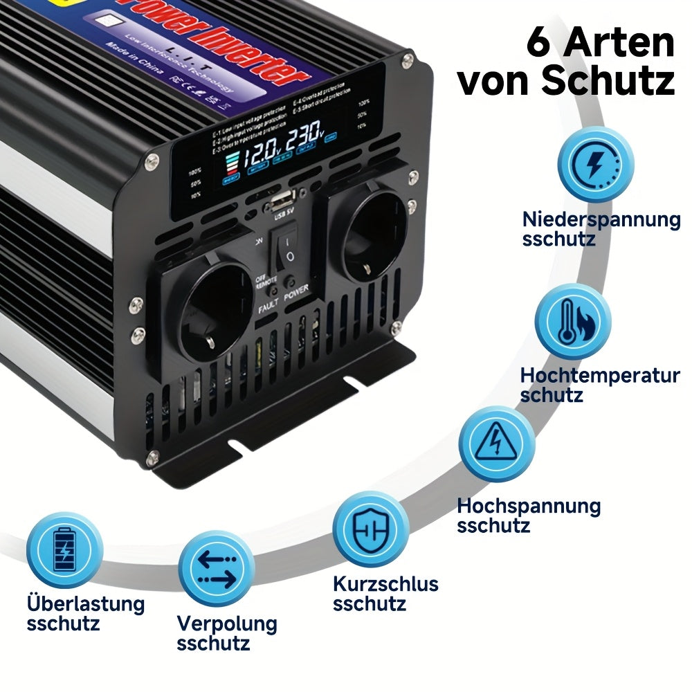 12V Naar 220V Spanningsomvormer – Stroomomzetter – Inverter – Accu Omvormer – Mobiele Converter – 4000W Continu Vermogen – Draadloze Afstandsbediening Met LCD-Display
