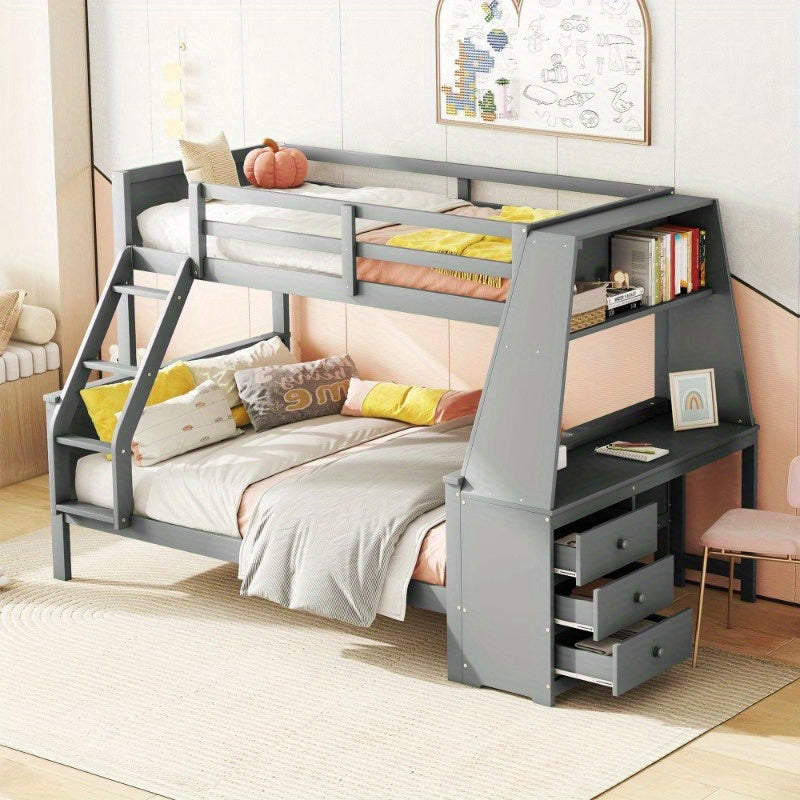 Stapelbed – Etagebed – Hoogslaper – Kinderbed – Slaapbank – Modern Grijs – Met Bureau en Opbergruimte – Veiligheidsreling – Ruimtebesparend Ontwerp
