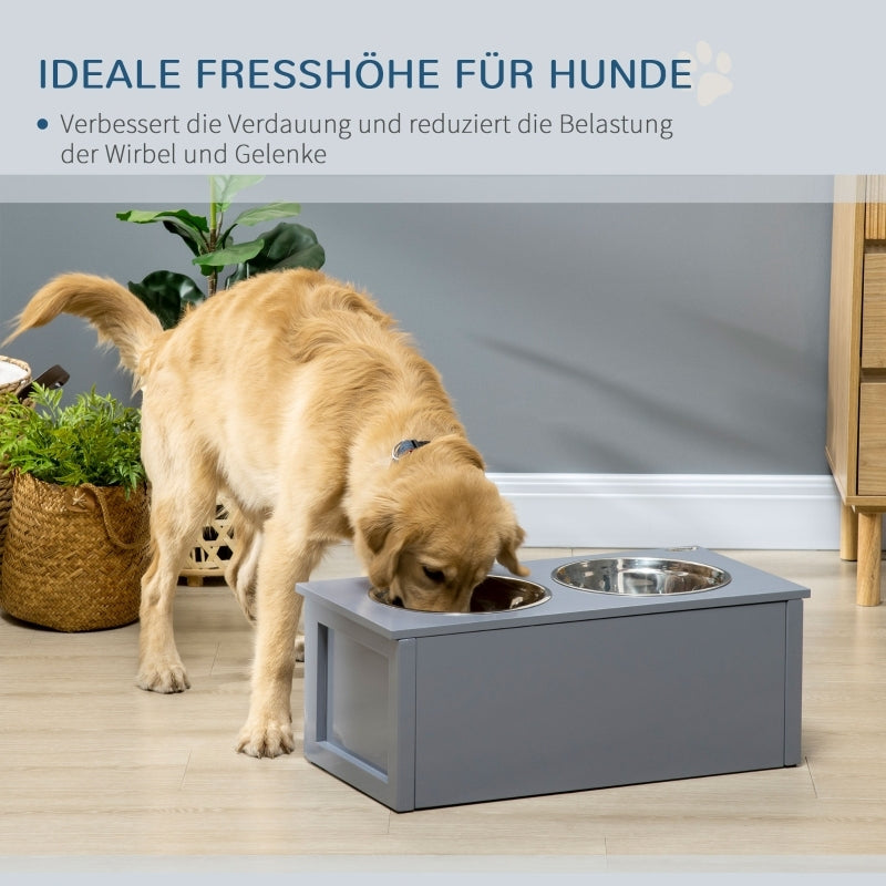 Hondenvoerbak – Voerstation – Voerbakken – Drinkbak – Voerkom – Verhoogde Voerstandaard – 2 Roestvrijstalen Kommen 2L – Met Opberglade Grijs 60x30x24 cm