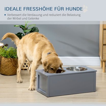Hondenvoerbak – Voerstation – Voerbakken – Drinkbak – Voerkom – Verhoogde Voerstandaard – 2 Roestvrijstalen Kommen 2L – Met Opberglade Grijs 60x30x24 cm