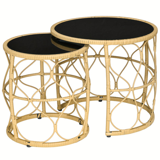 Rotan Bijzettafels – Tafeltje – Salontafel – Bijzettafeltje – Stapelbare Tafels – Khaki Kleur – Glasplaat – Lichtgewicht & Duurzaam