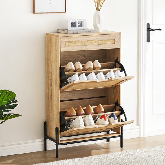 Schoenenkast – Schoenenrek – Schoenenopberger – Halmeubel – Hal Kast – Natuurlijk Rattan – 3 Niveaus – Verstelbare Klapdeuren – Met Lade – Stevig Houten Frame – Vintage Farmhouse Design