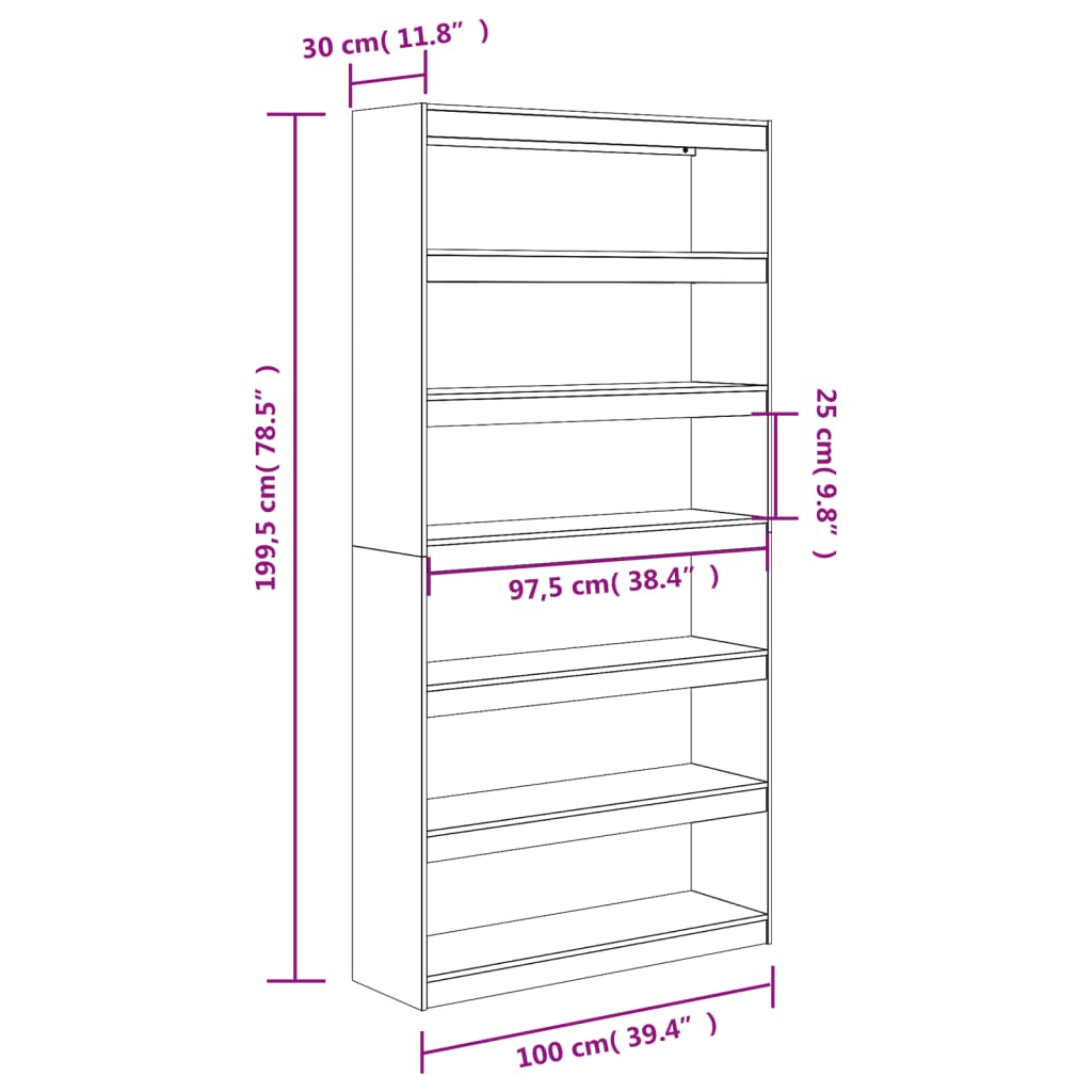 Boekenkast – Boekplank – Roomdivider – Kastenmeubel – Opbergkast – Massief Grenenhout – 100x30x199,5 cm – 6 Ruime Vakken