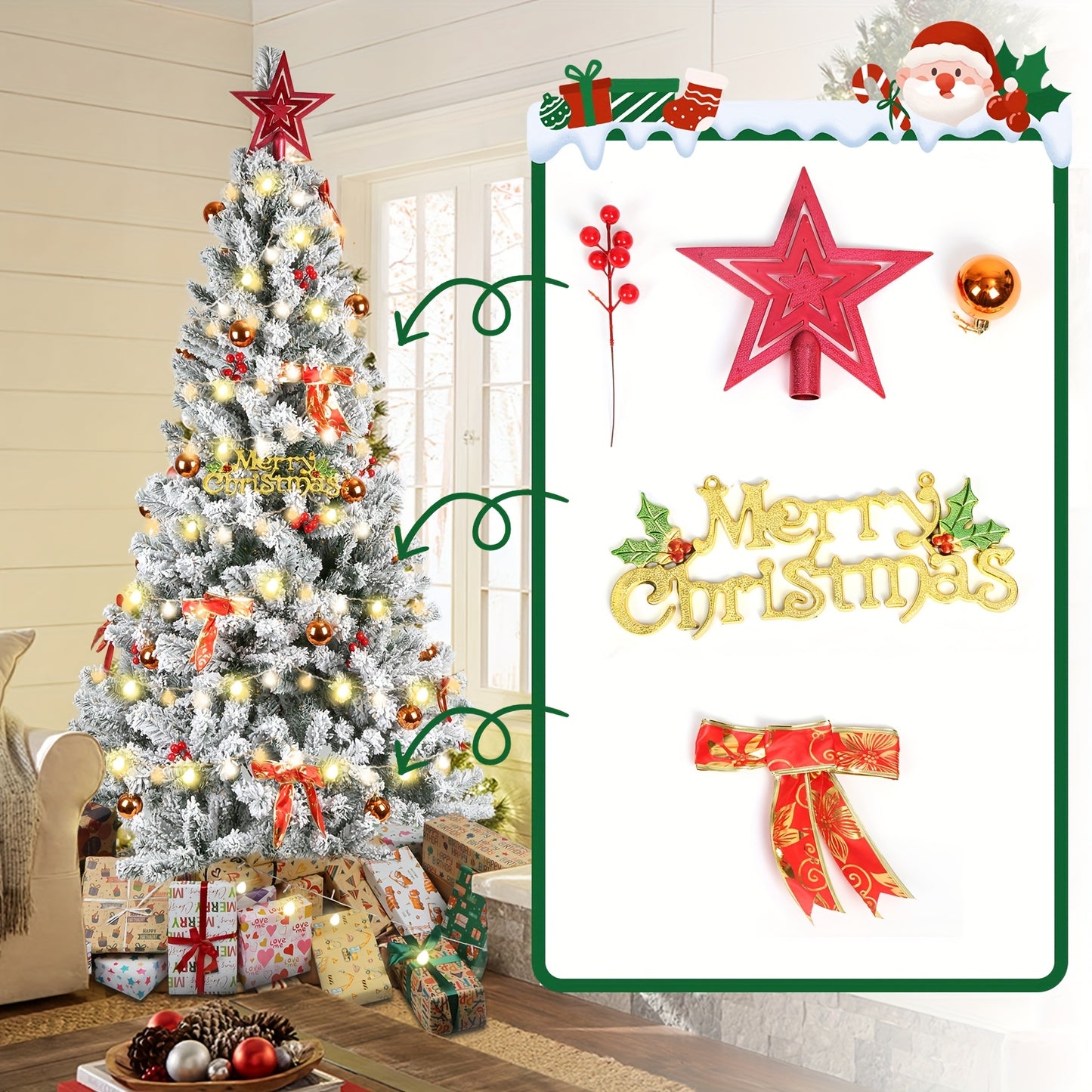 Kunstkerstboom – Kerstboom – Kunstboom – Nepkerstboom – Sierkerstboom – 210 cm Groot – Vooraf Versierd Met Flock – Met Metalen Standaard – Voor Binnen & Buiten