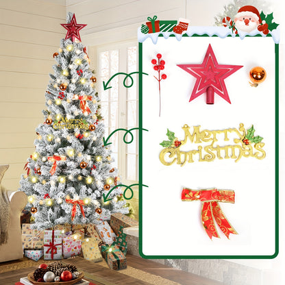 Kunstkerstboom – Nepboom – Valse Kerstboom – Flock Kerstboom – Hinged Kerstboom – 150 cm Hoog – Inclusief Versieringen – Met Sneeuwlaag – Stevige Metalen Standaard – Geschikt Voor Binnen En Buiten