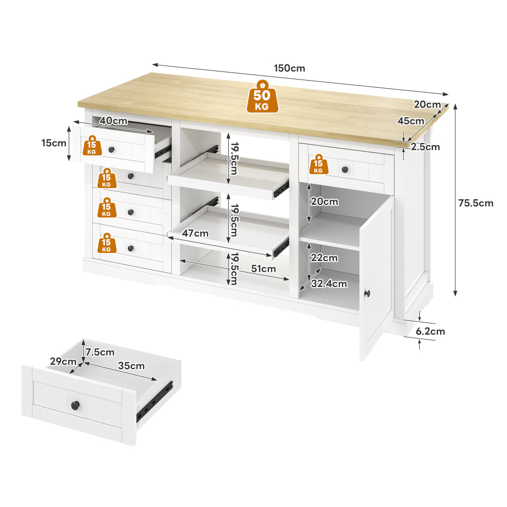 Sideboard, Kitchen Island, Wine Cabinet with 5 Drawers, 2 Pull-Out Shelves, Foldable Extension, Suitable for Kitchen, Dining Room, and Living Room, White, 150×65×75cm,  Spacesaving Furniture, Modern Sideboard, Minimalist Fu