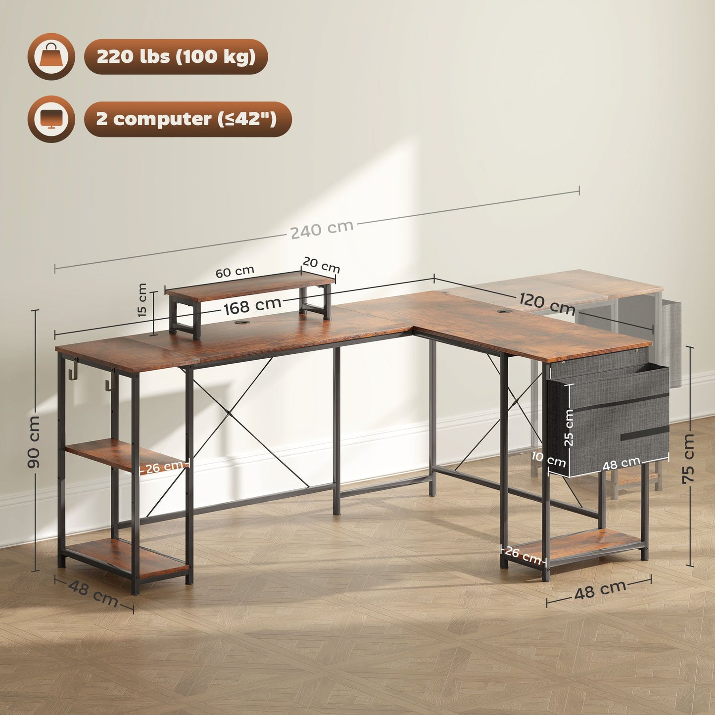 L-vormig Bureau – Hoekbureau – Thuiswerkplek Bureau – Werktafel – Computerbureau – Verstelbare Planken – Ergonomische Monitorstandaard – Rustieke Bruine Afwerking