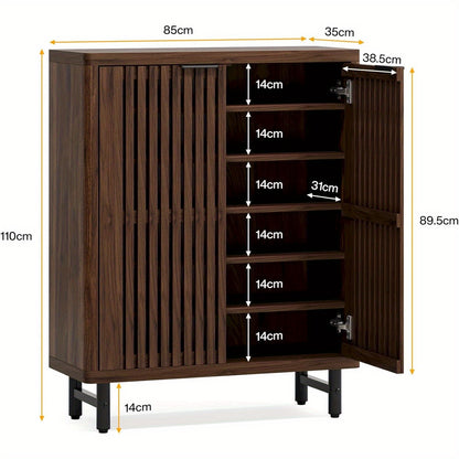 Schoenenkast – Schoenenrek – Opbergkast – Schoenenbank – Schoenenopberger – 6 Lagen – Metalen Constructie – Voor 24 Paar Schoenen – Verstelbare Legplanken – Ventilerende Lamellendeuren – Donkere Walnoot
