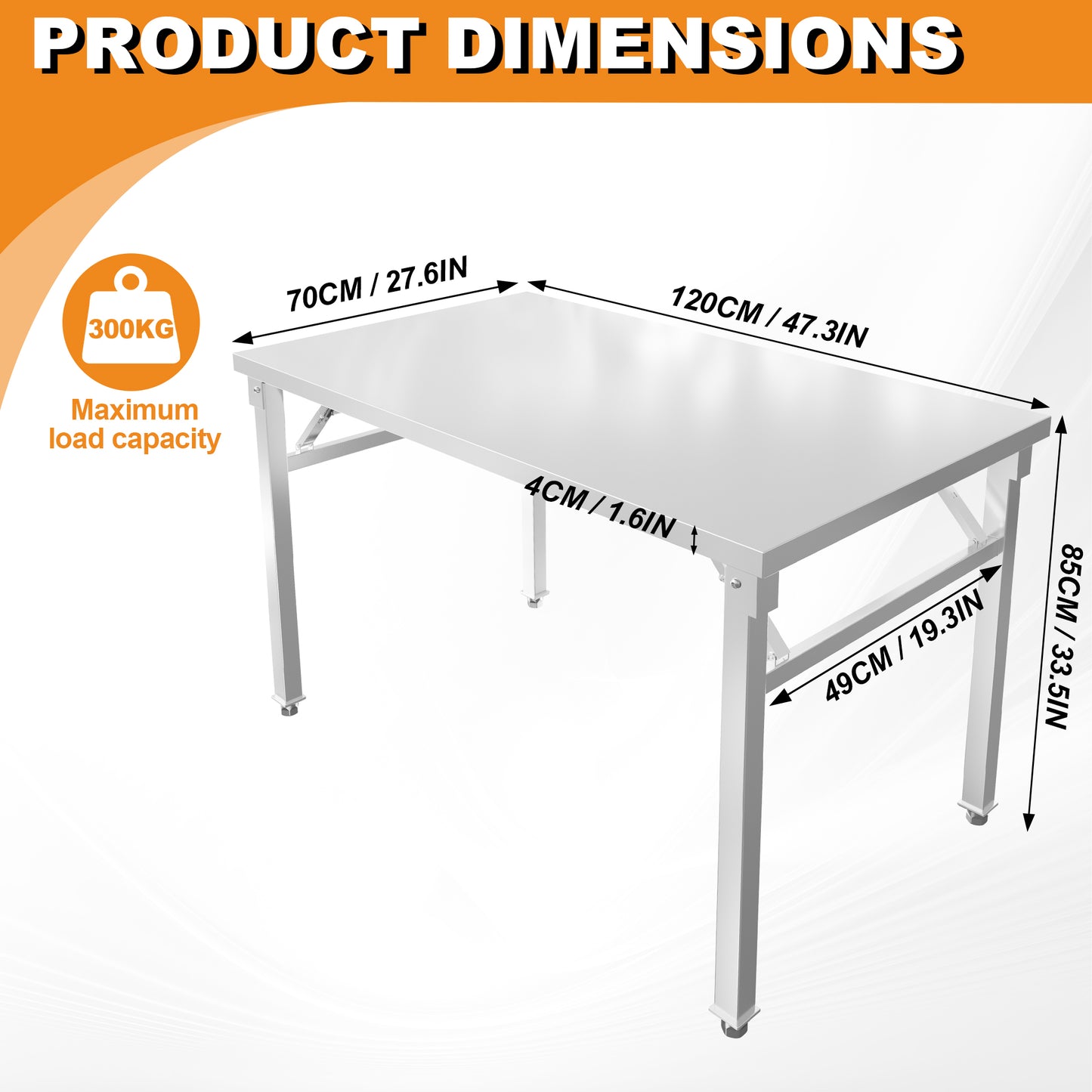 Stainless Steel Workbench Foldable Kitchen Workbench 60x100cm/60x120cm/70x120cm Stainless Steel Workbench Kitchen Workbench with Maximum Load Capacity of 300kg,  Compact Design, Rustresistant Material, Utility Workbench, Mult