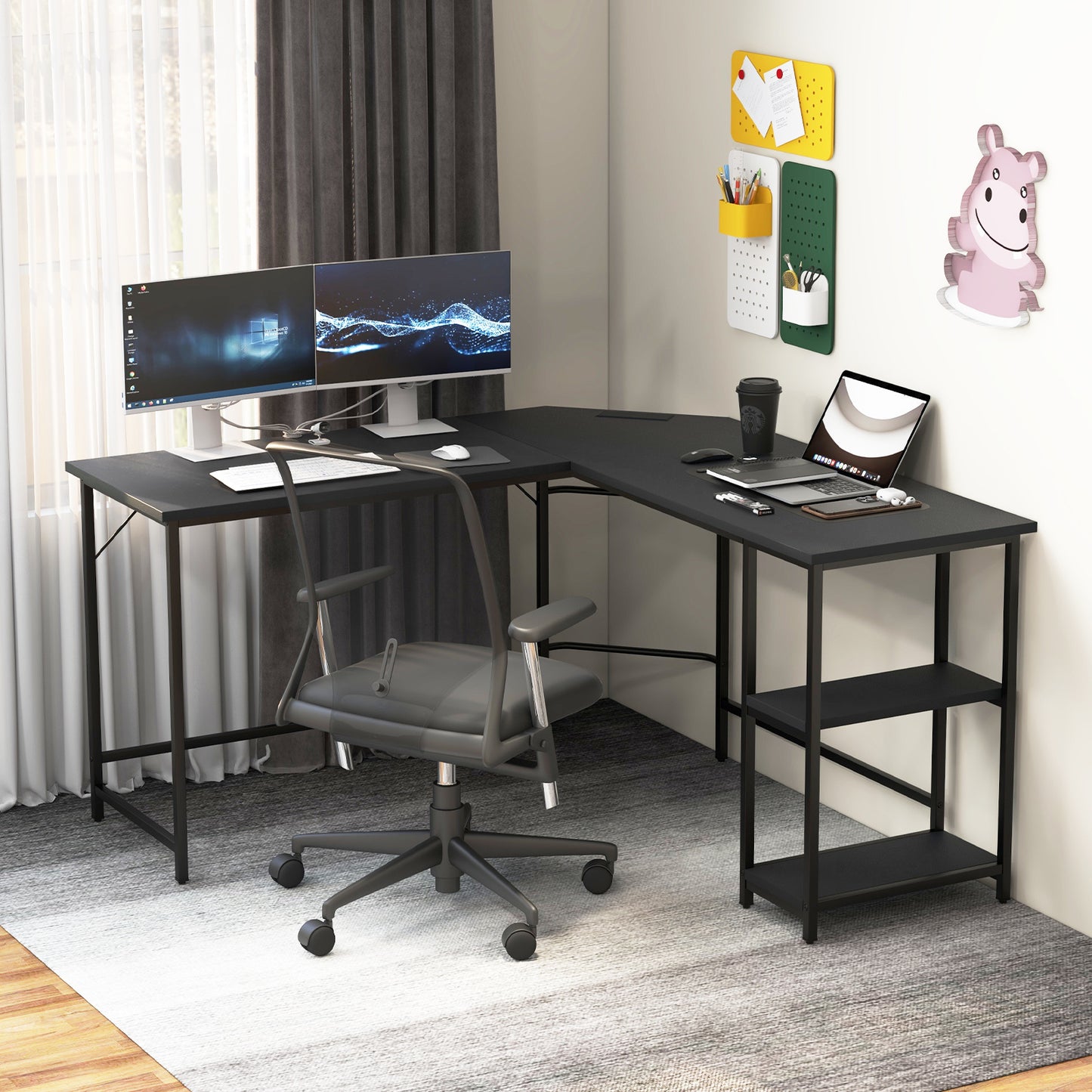 L-vormig Bureau – Hoekbureau – Werkplek Bureau – Gaming Bureau – Studiebureau – Zwart – Ruim Tafelblad 138x50 cm – Stevig Carbon Staal Frame