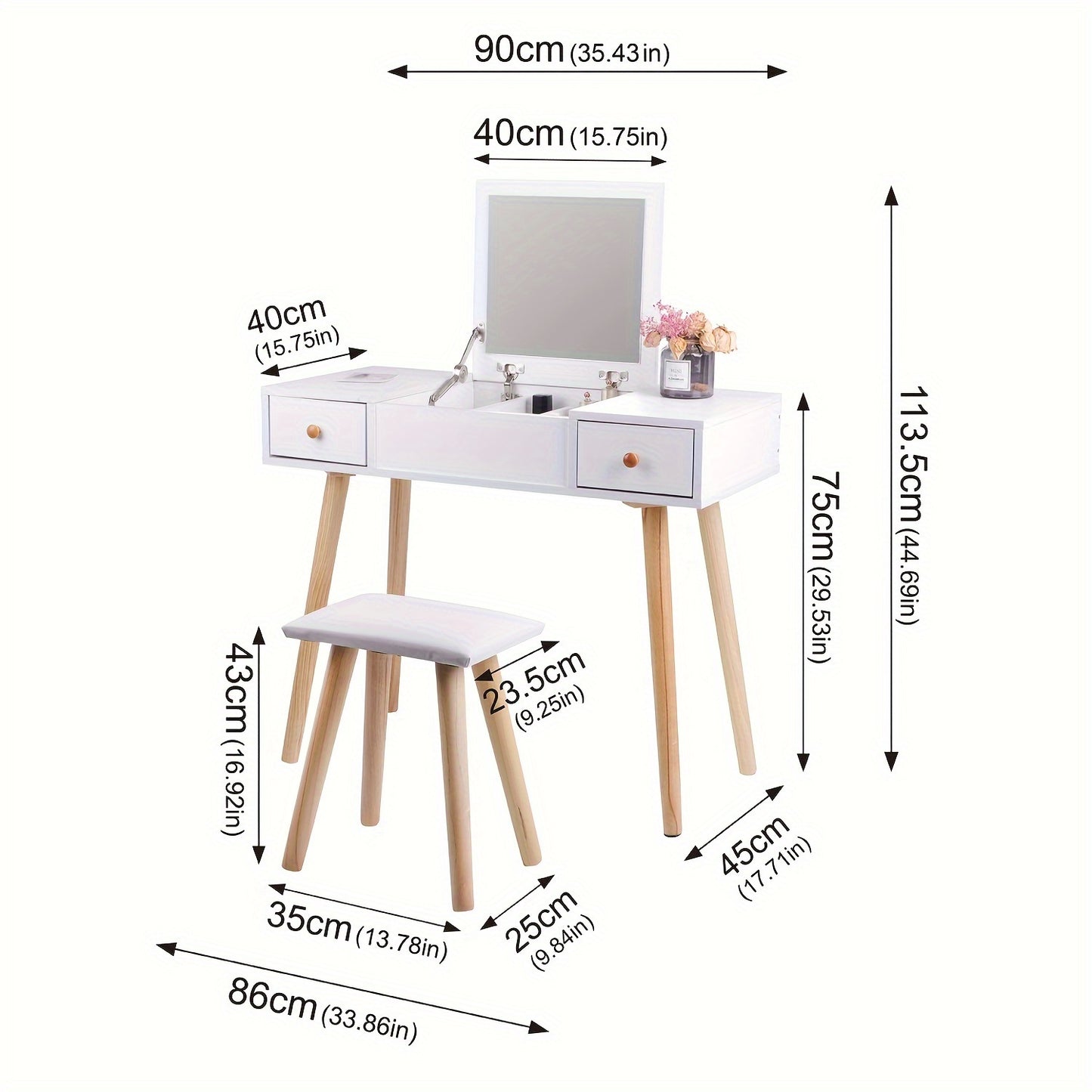 Make-up Tafel – Make-uptafel – Dressing Table – Kaptafel – Schminktisch – Wit – Scandinavisch Design – Vouwdeksel Met Spiegel – 2 Lades En 5 Opbergvakken