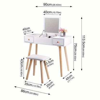 Make-up Tafel – Make-uptafel – Dressing Table – Kaptafel – Schminktisch – Wit – Scandinavisch Design – Vouwdeksel Met Spiegel – 2 Lades En 5 Opbergvakken