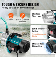 Ondiepe putpomp - Rioolpomp - Tuin waterstraalpomp - 800W - 2900 TPM - 3700L/u Debiet - voor irrigatie, wateroverdracht, huishoudelijk - QUORE