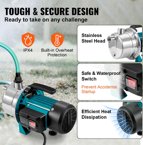 Ondiepe putpomp - Rioolpomp - Tuin waterstraalpomp - 800W - 2900 TPM - 3700L/u Debiet - voor irrigatie, wateroverdracht, huishoudelijk - QUORE