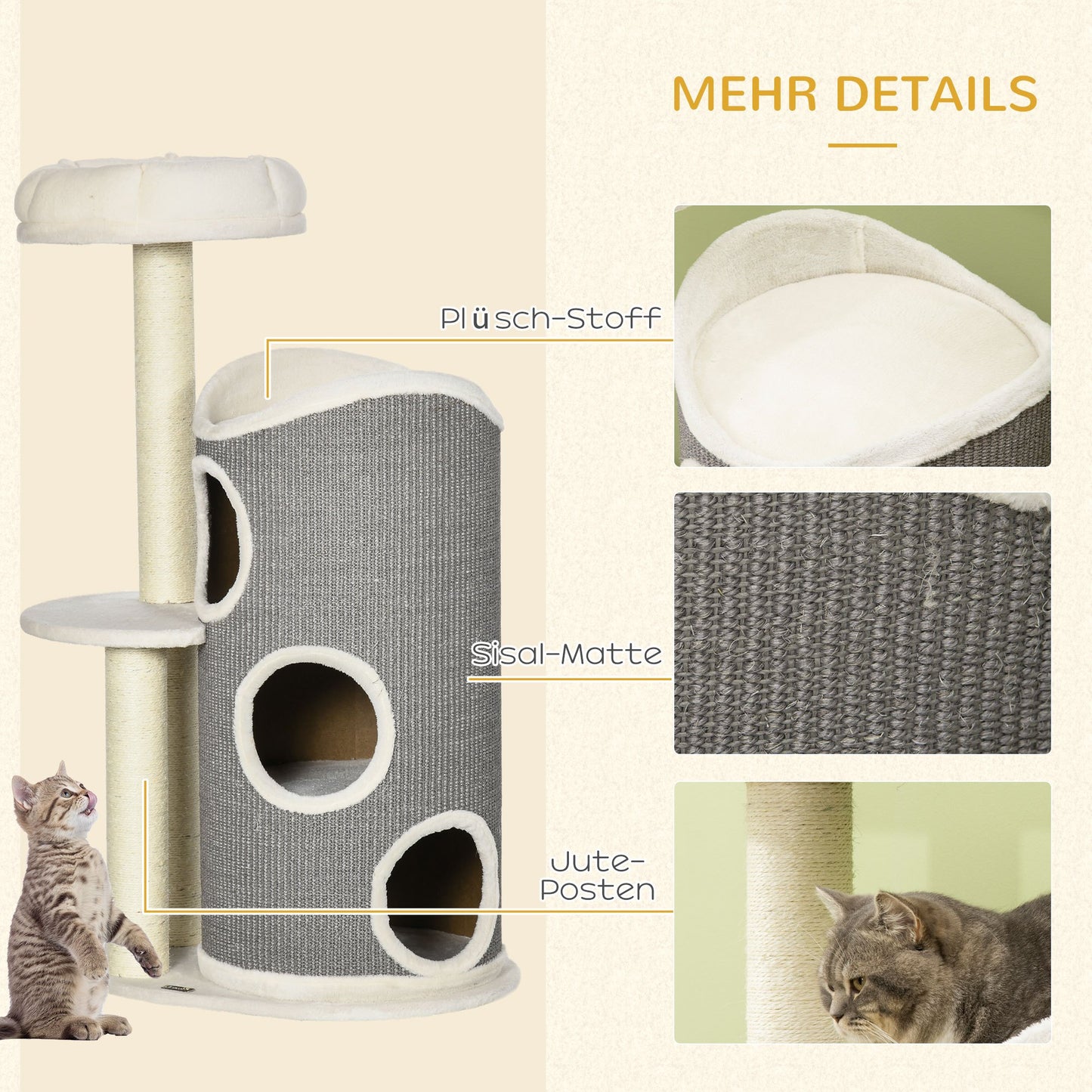 Krabpaal – Kattenboom – Krabmeubel – Kattenhuis – Kattentoren – Met Speeltunnel – Natuurlijke Sisal Bekleding – 109 cm Hoog – Grijs-Naturel-Wit
