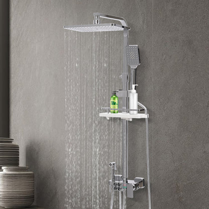 TOOL1SHOOO Modern Stainless Steel Shower System, 4 Water Outlets, Rainfall Showerhead, Handheld Sprayer, Height-Adjustable Shelf, Suitable for Bathrooms, Spas, Hotels