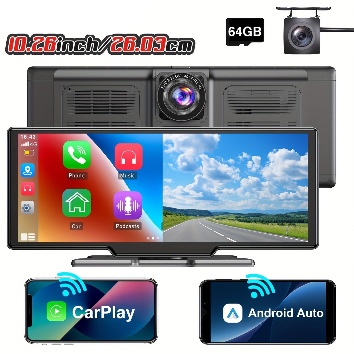 10,26-inch Touchscreen Autostereo – Carplayer – Multimedia Systeem – Navigatiesysteem – Android Auto Headunit – Draadloze CarPlay – 4K Dashcam – 1080P Achteruitrijcamera