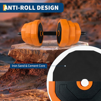 4-In-1 Adjustable Dumbbell Set 29.94KG | Convertible to Barbell, Kettlebell & Push Up Stands, Home Gym Equipment for Men & Women, Space Saving Weights, Orange, Synthetic Rubber, Towallmark