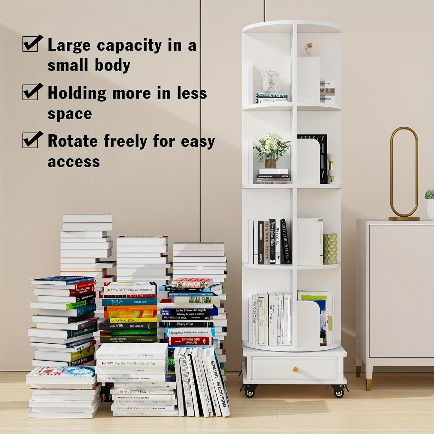 Boekenrek – Boekenplank – Boekenkast – Opbergkast – Wit – 4-Lagen Met Lade – 360° Draaibaar Met Wieltjes